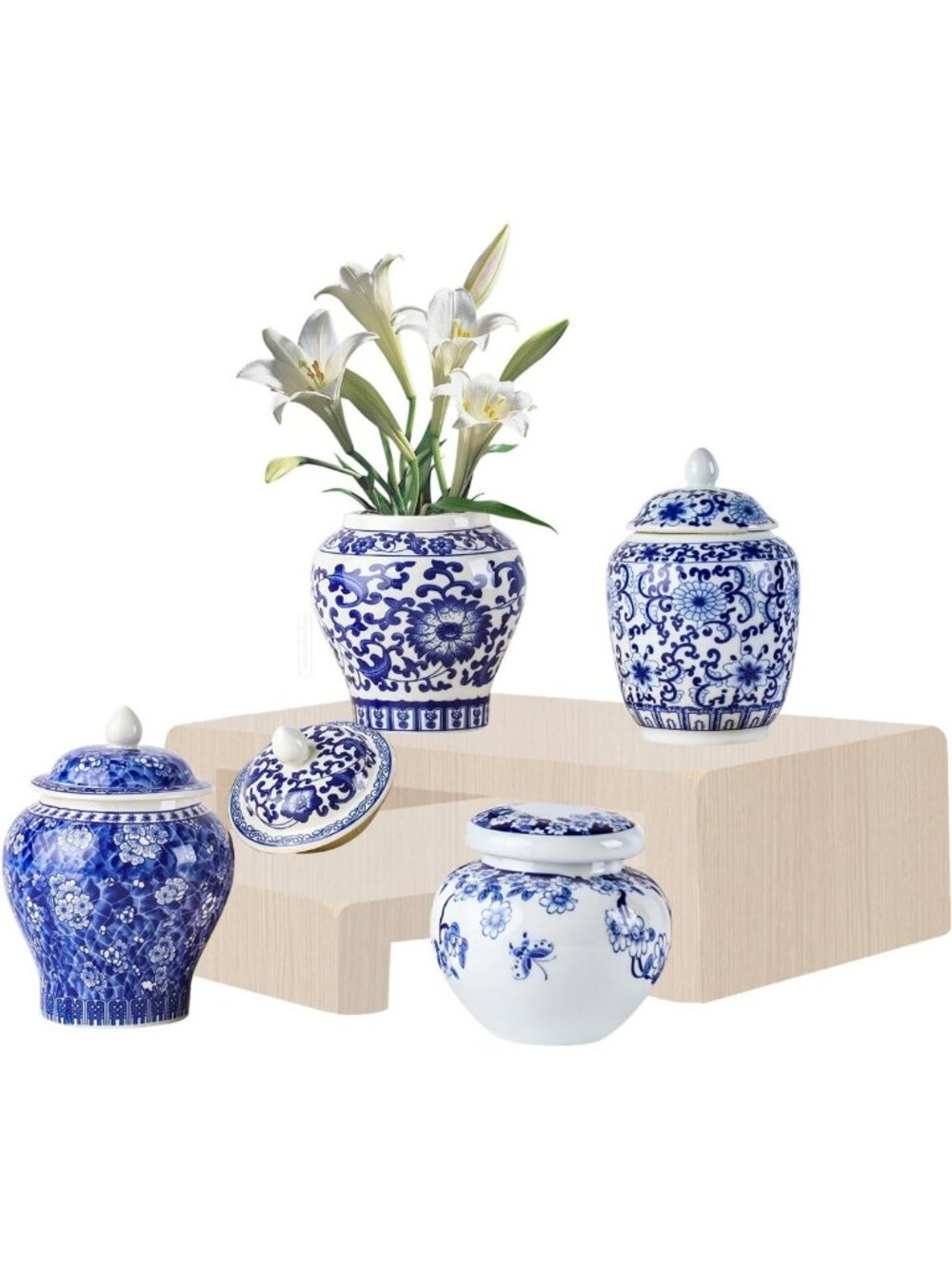 Set of 4 Mini Blue & White Vintage Porcelain Ginger Jars - Chinoiserie Accent